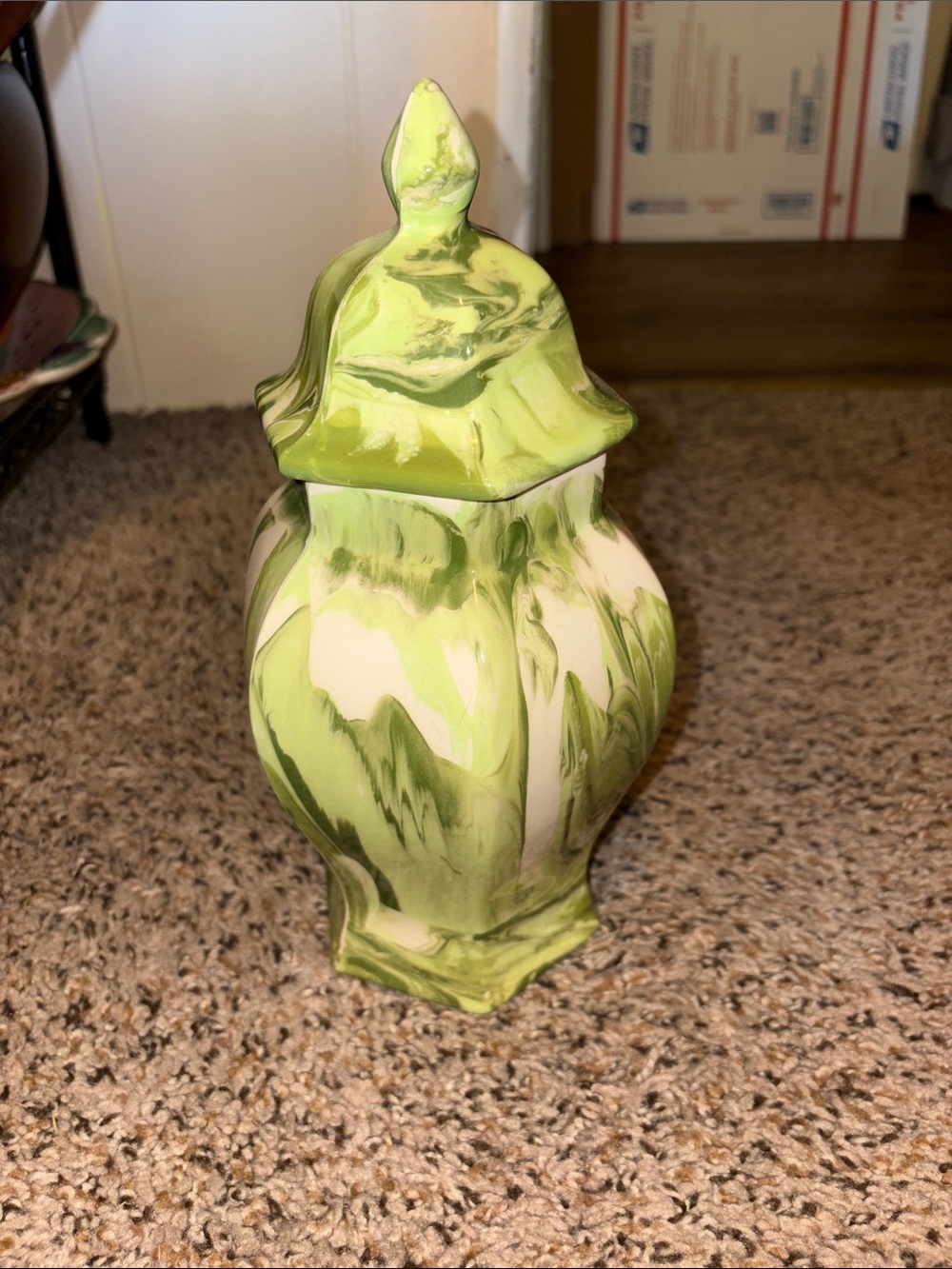 Vintage green and white marbled ceramic lidded jar with faceted body